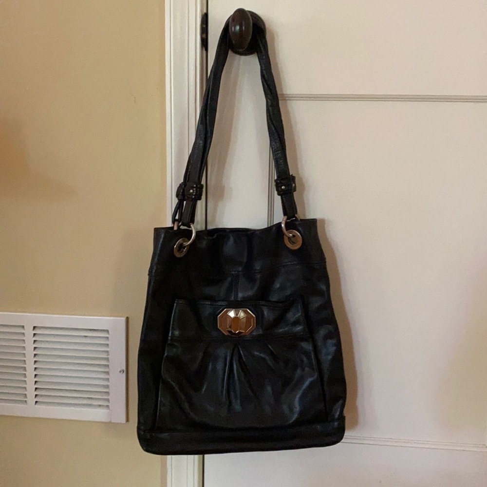 B Makowsky black leather bag with silver accents